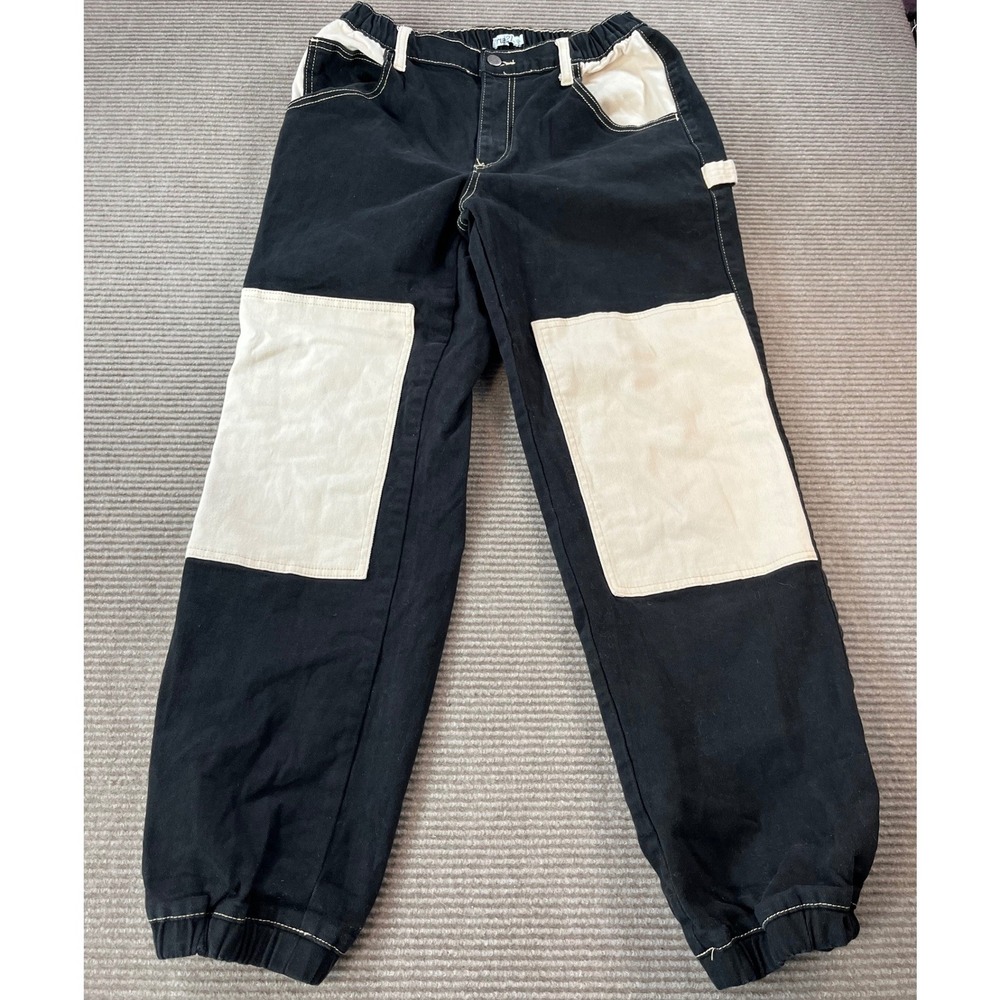 Rue21 Mens Utility Jogger Pants Black Cream Contrast Double Knee Carpenter Sz L